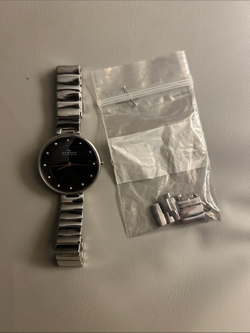 Skagen Silver Bracelet Watch with Black Dial and Crystal Markers